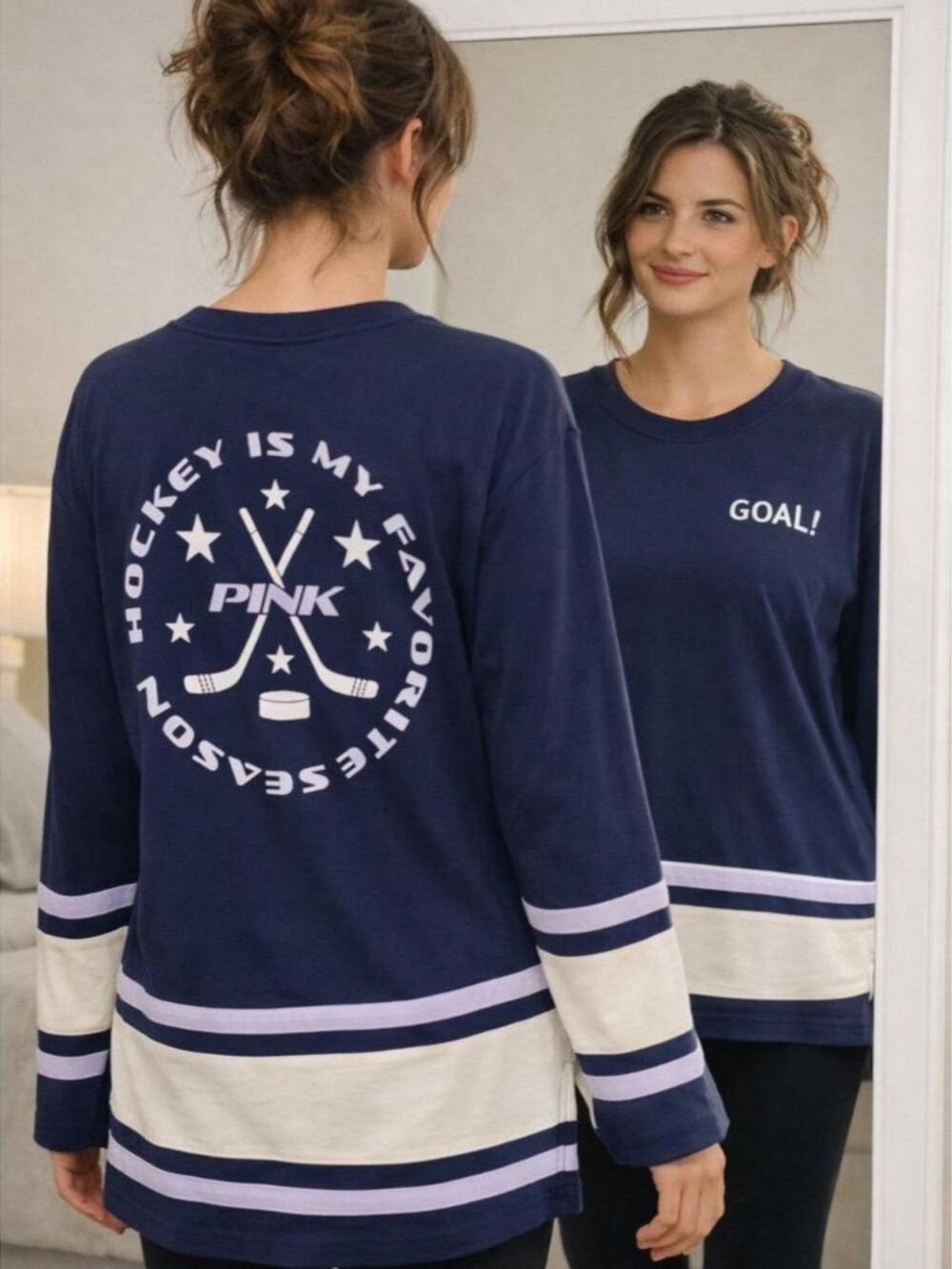PINK Victoria's Secret Navy Crewneck Hockey Shirt with Cream & White Stripes